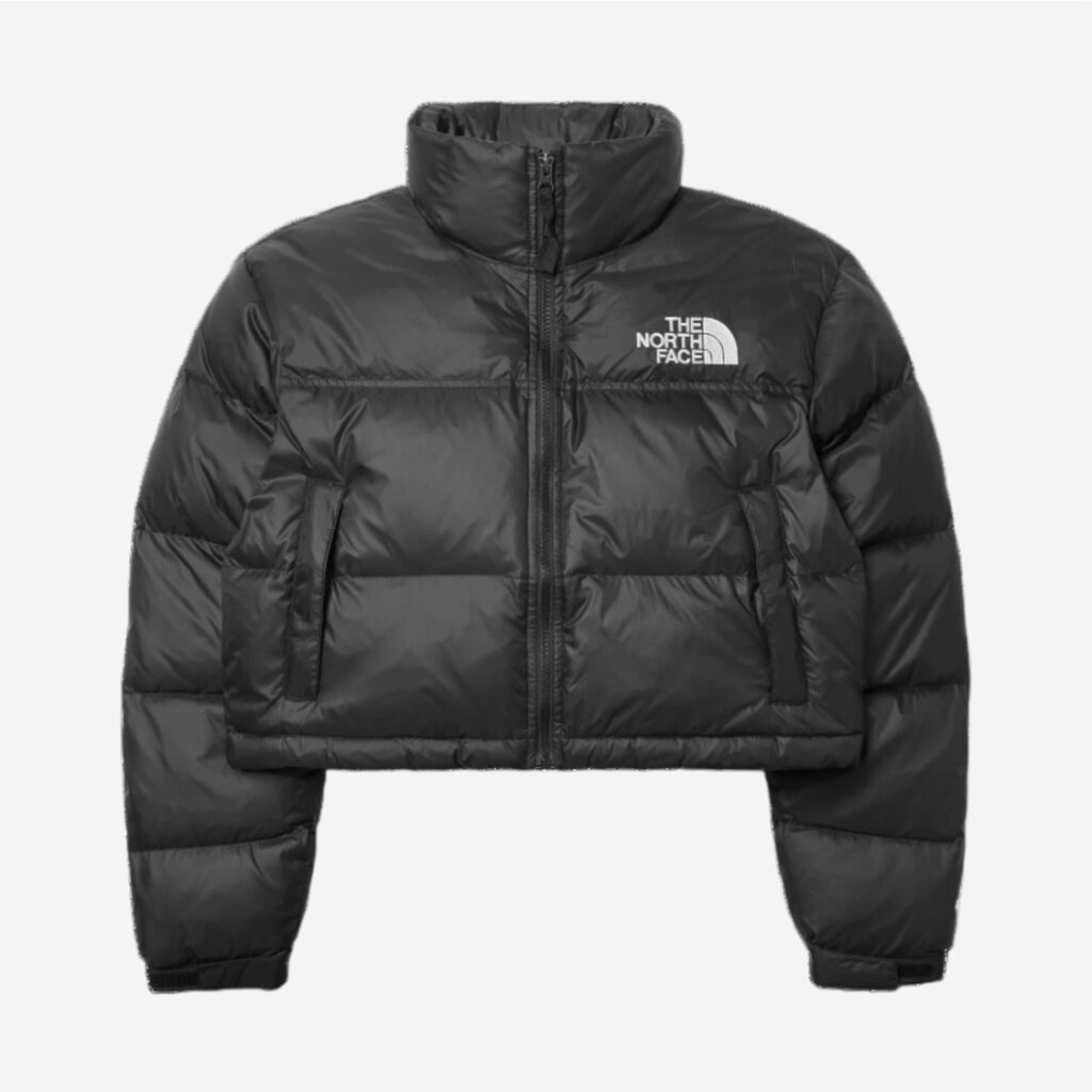 the north face nuptse short jacket black matte cropped length official product photo