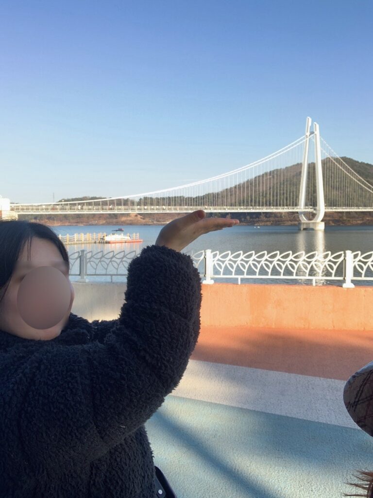 Wearing The North Face Sherpa Nuptse Jacket outdoors near a bridge, side view showing cozy fleece texture.