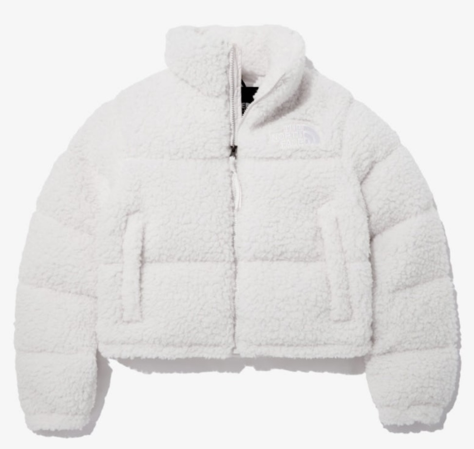 Official product image of The North Face Sherpa Nuptse Jacket White showing puffer design and logo embroidery