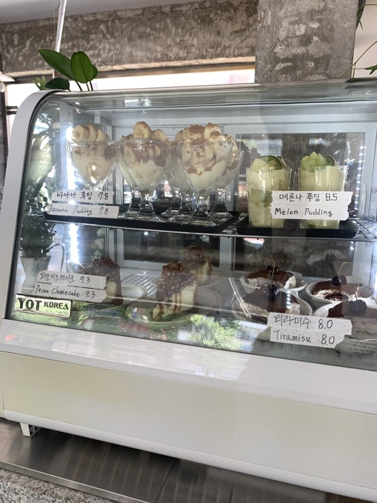 Dessert menu at Seokchon Station Cafe Meek including banana pudding and pecan cheesecake