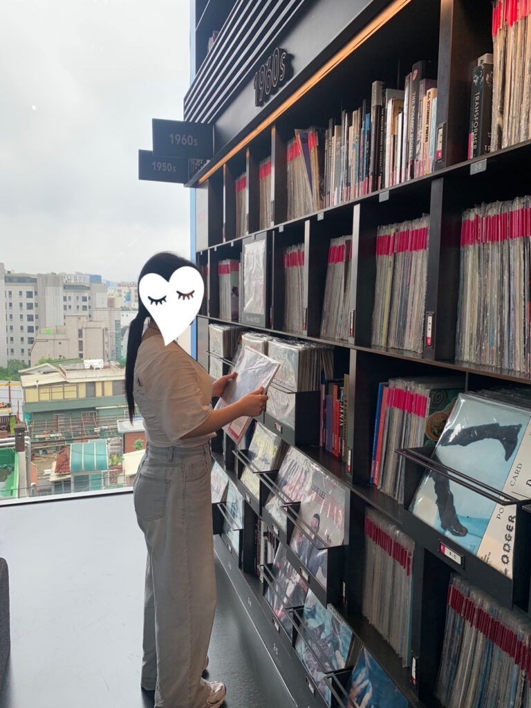 Exploring vinyl records at Hyundai Card Music Library during my Hannam-dong Day Out in Seoul.