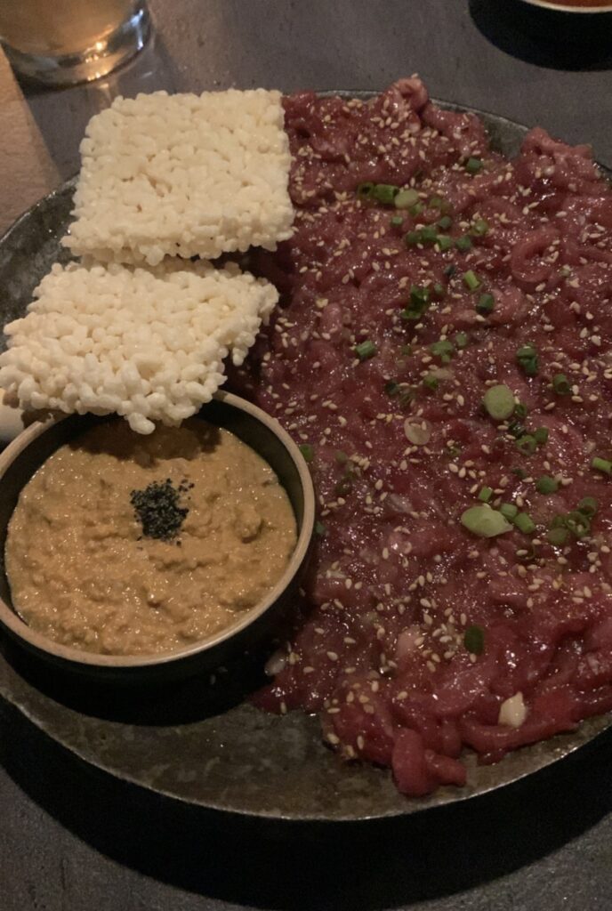 Korean raw fish liver with rice crust at Gangnam Traditional Korean Bar Ari Valley