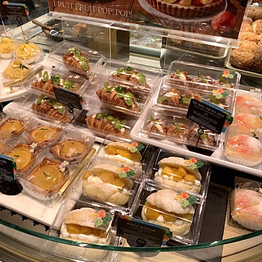 Fruit cream pastries including green grape croissants at Paris Croissant Gangnam Station