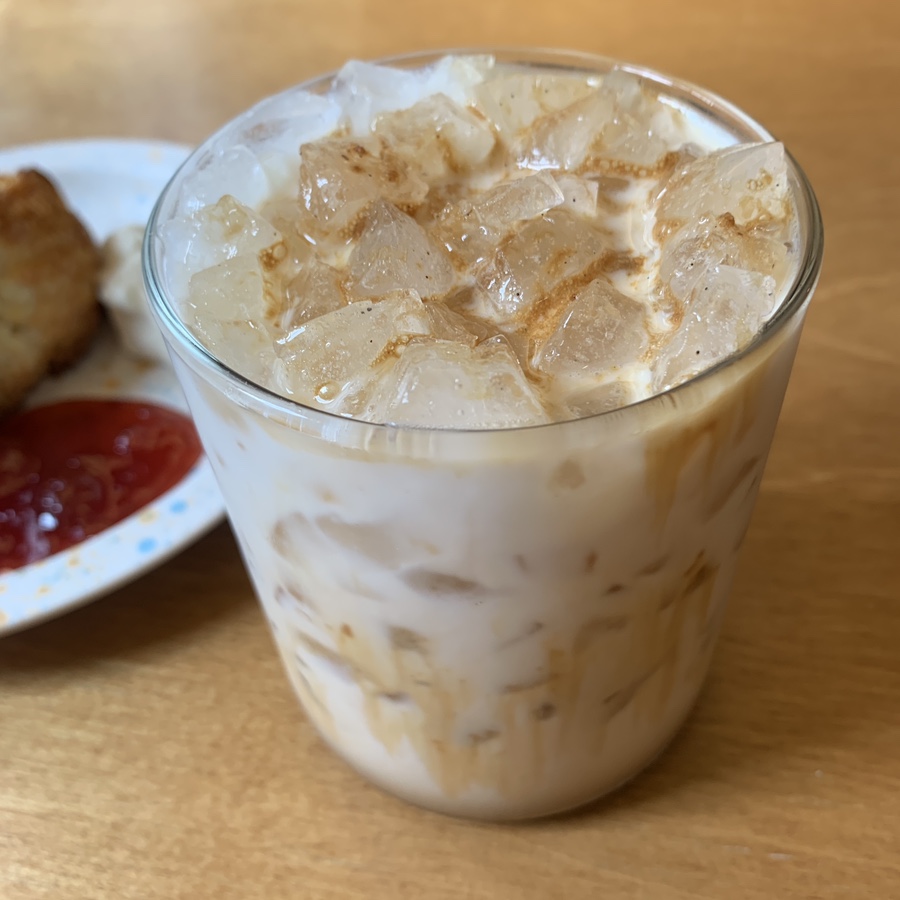 Iced vanilla latte with ice cubes at Cafe Root Gangnam in Seoul