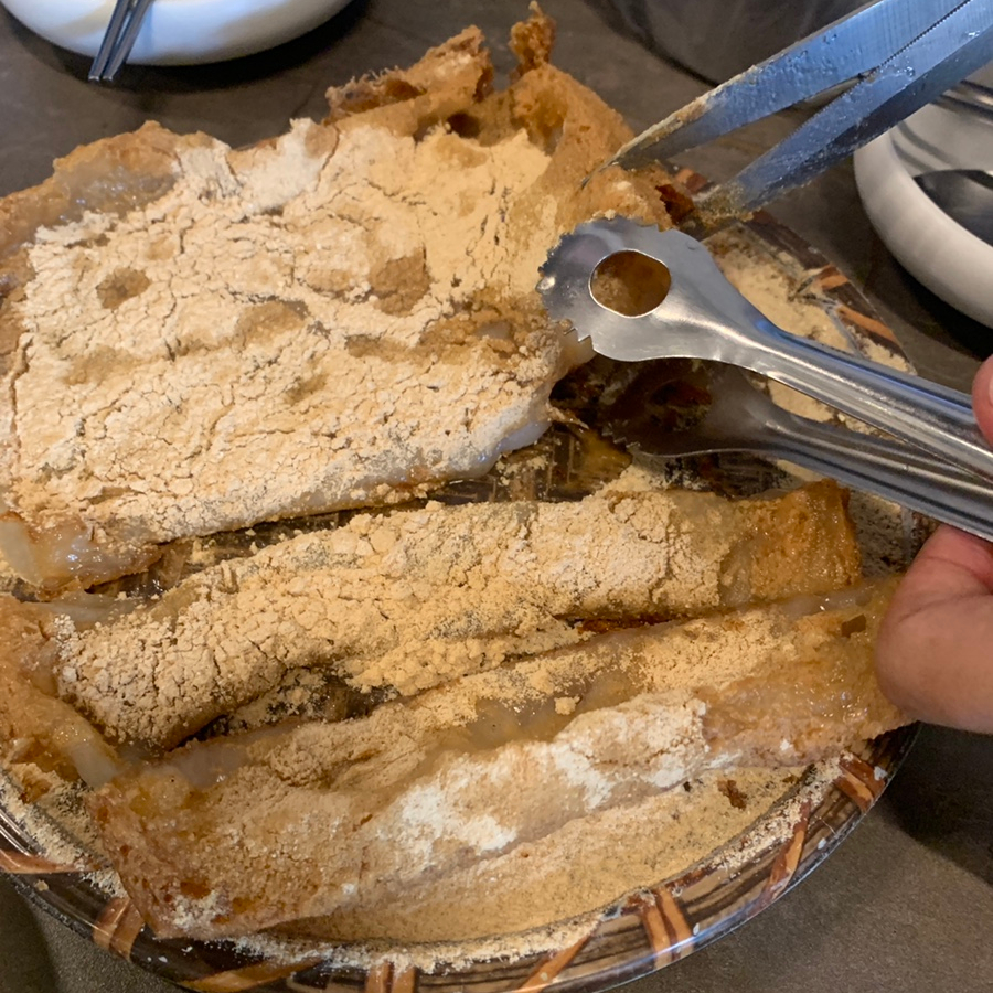 Sweet injeolmi rice cake dessert served at Gobongdang, a popular Hyehwa Korean restaurant