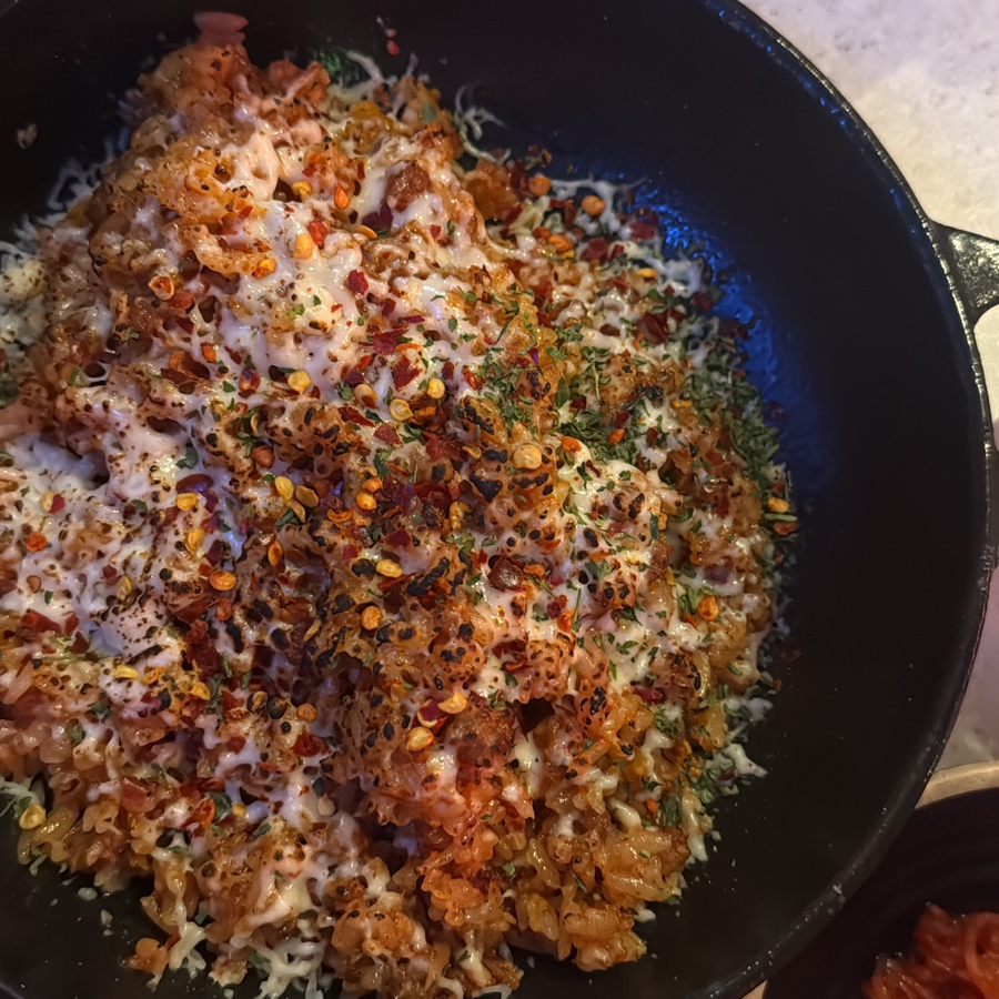 Snow cheese fried rice topped with melted cheese and pepper flakes at Doraejip Gangnam Station