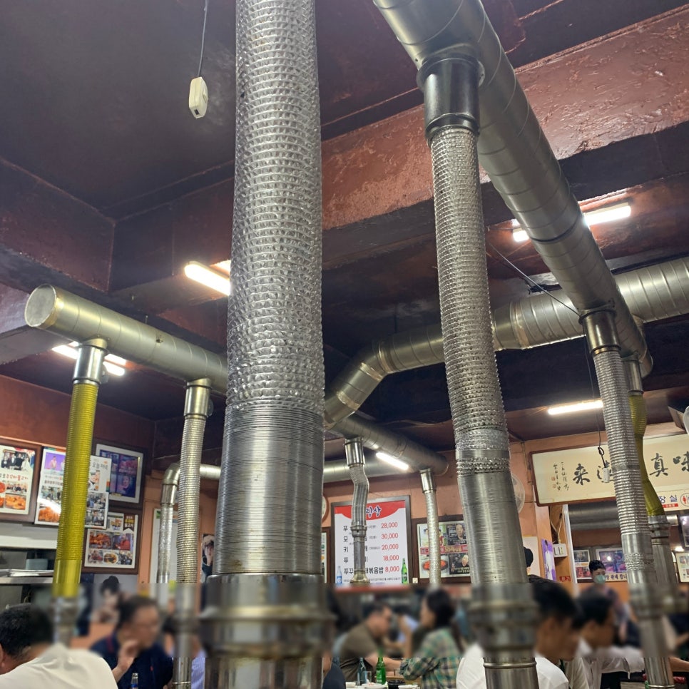 busy interior of Chungmuro Jjukkumi Bulgogi main branch with metal exhaust pipes