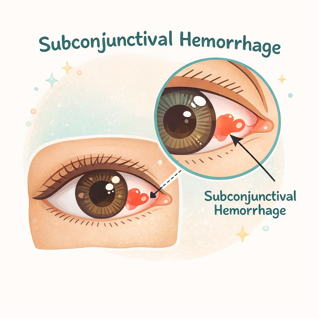 Cute illustrated diagram showing subconjunctival hemorrhage with a highlighted red patch