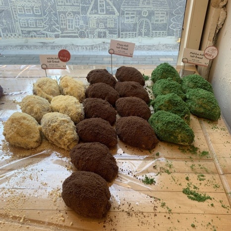Various salt bread options at Bouquet de Pain bakery in Apgujeong