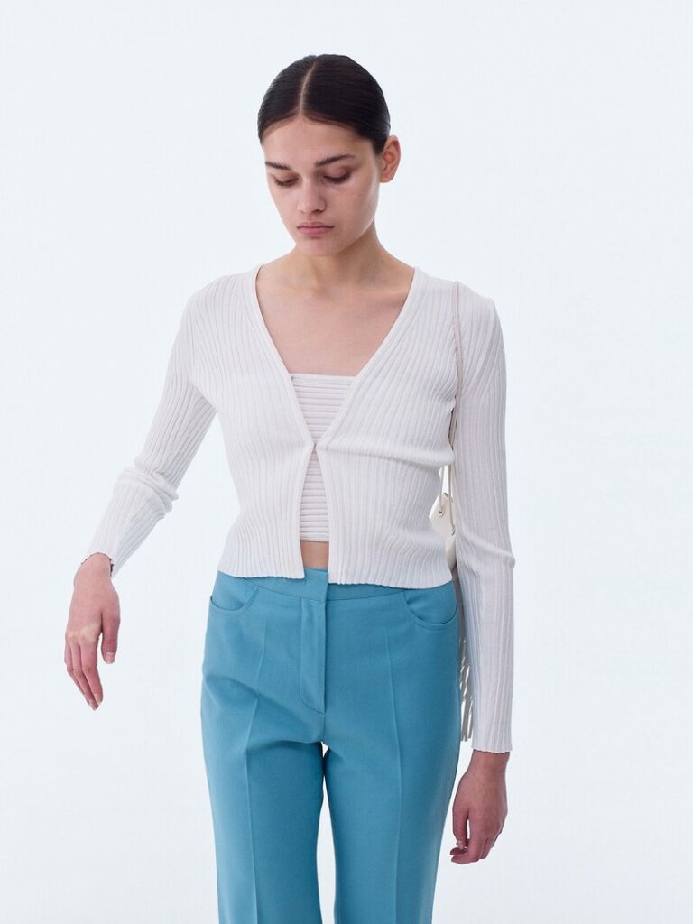 Official Recto Two-Way Ribbed Cardigan fit and styling on model in white