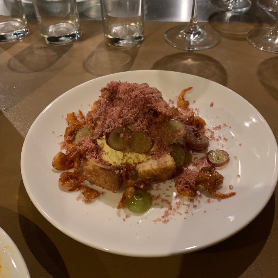 Seoul Forest wine bar appetizer Cheongpodo and mashed egg with green grapes and shrimp crumble at Domix Seongsu