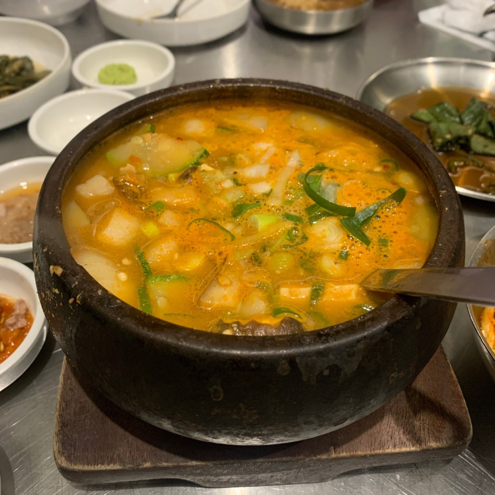 Traditional cheonggukjang stew served at Korean pork BBQ restaurant