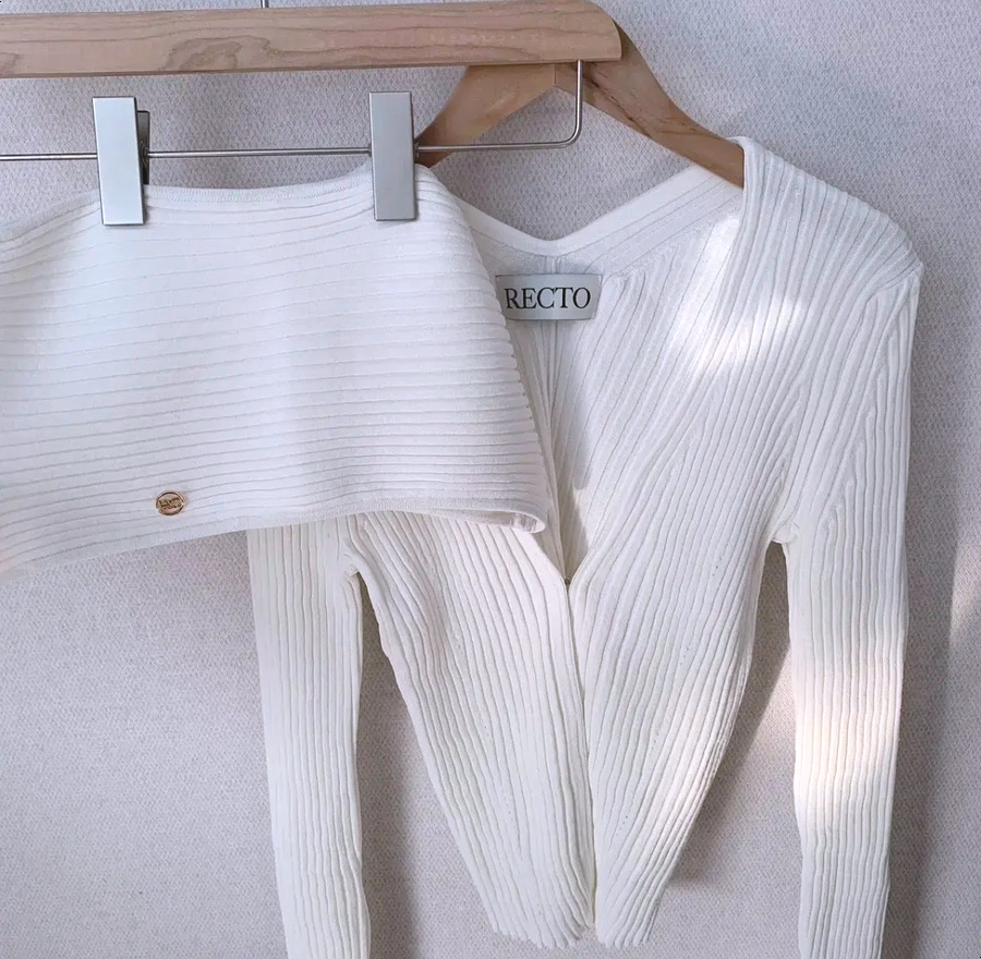 Recto Two-Way Ribbed Cardigan set details showing inner tube top and cardigan in white