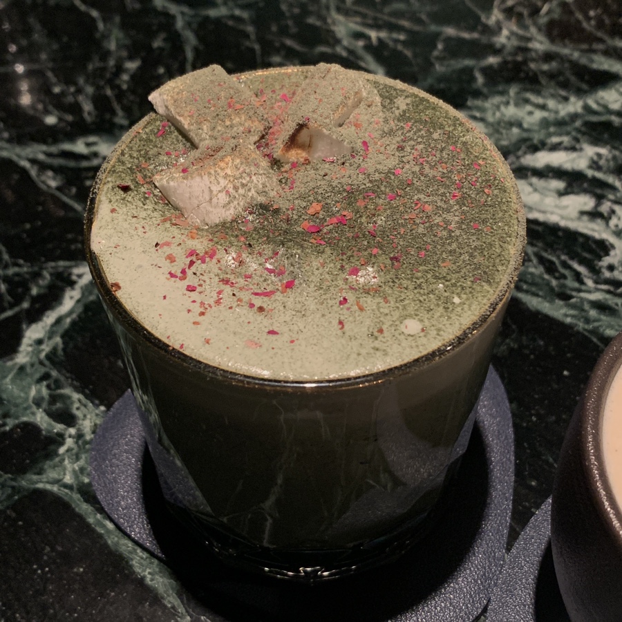 Mugwort cocktail with herbal matcha-like flavor served at a Gangnam Signature Cocktail Bar