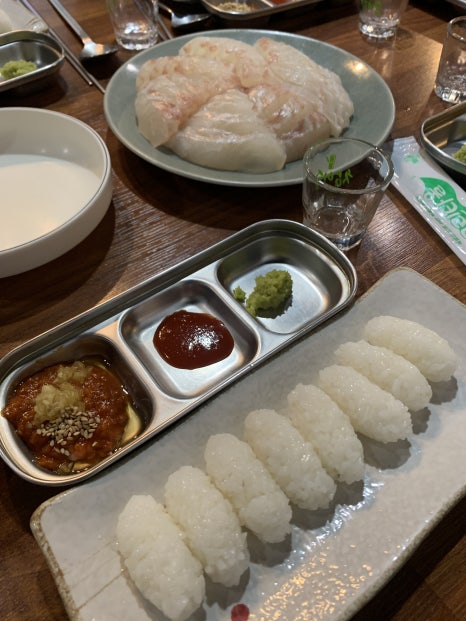 korean sashimi set with rice and dipping sauces