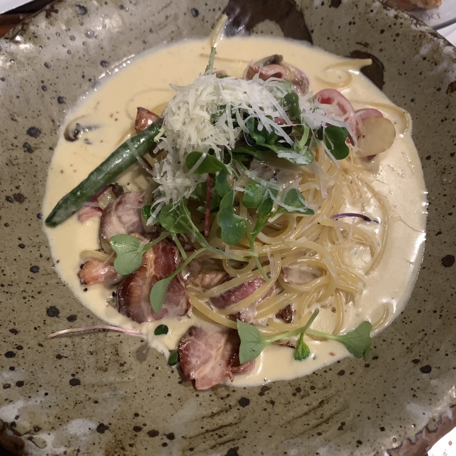 pancetta cream pasta mushrooms Dochi Pizza Gangnam creamy pasta dish