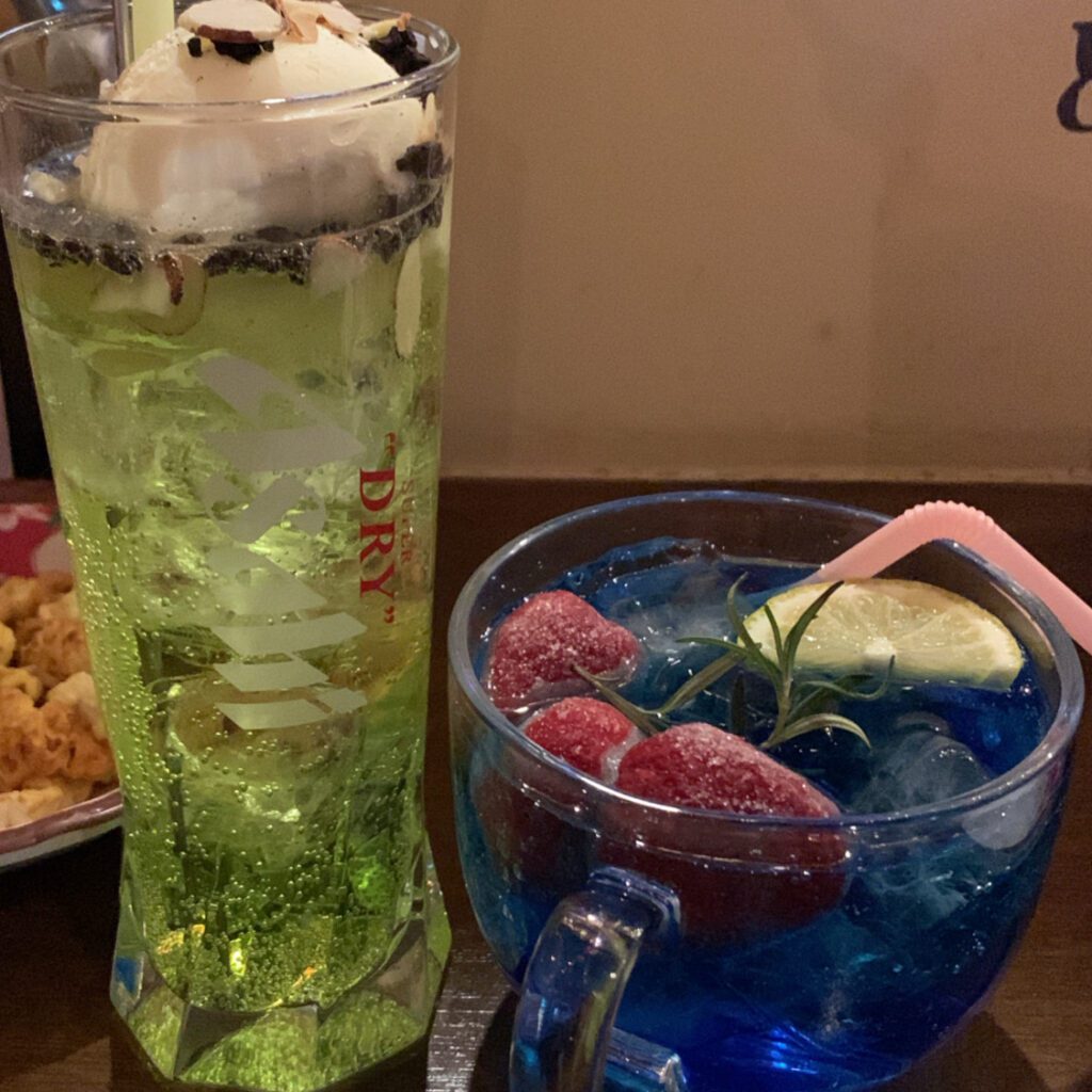 ponyo highball and midori highball drinks at anime izakaya mekkiya