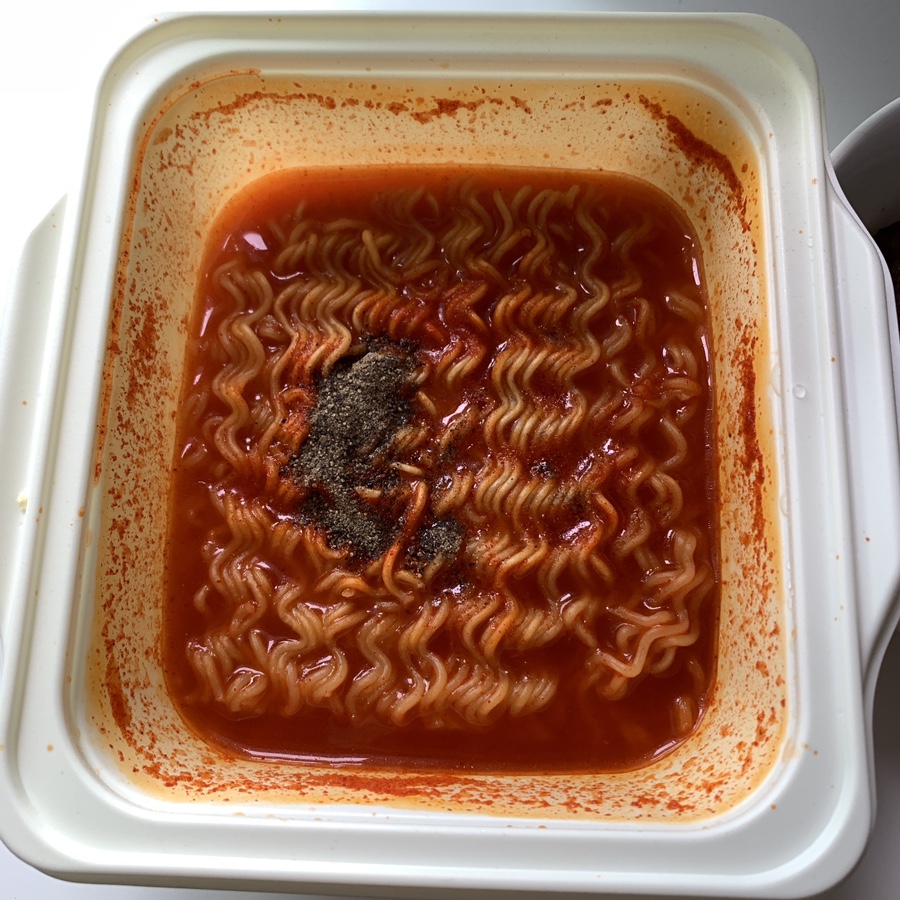 korean convenience store rabokki cooked spicy noodles and rice cake