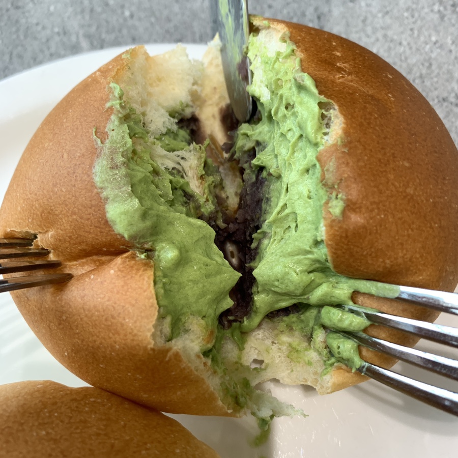 Korean red bean bread cafe Seoul matcha cream red bean bread filling close up