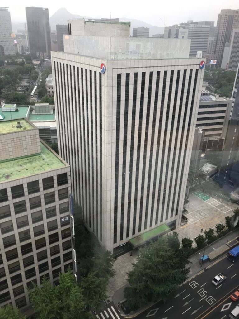 City Hall cafe Seoul aerial view of office buildings and skyline