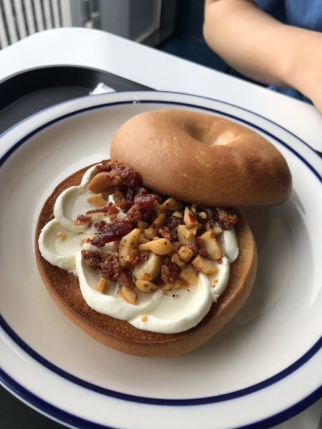 City Hall cafe Seoul bagel sandwich with chili seasoning and creamy filling