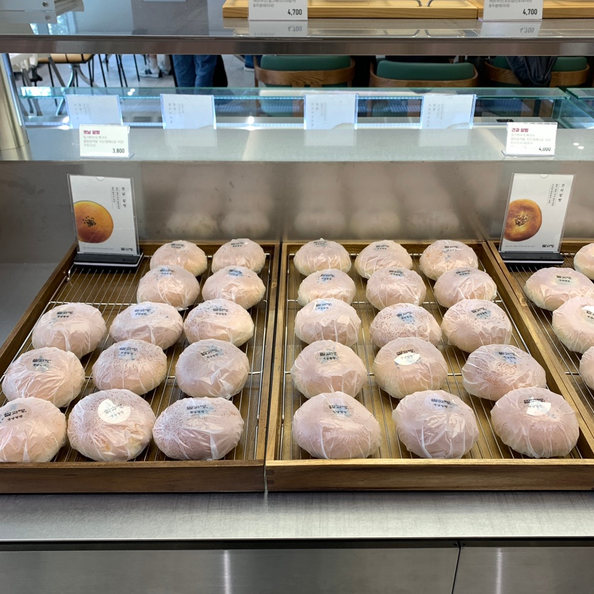 Korean red bean bread cafe Seoul variety cream buns bakery display