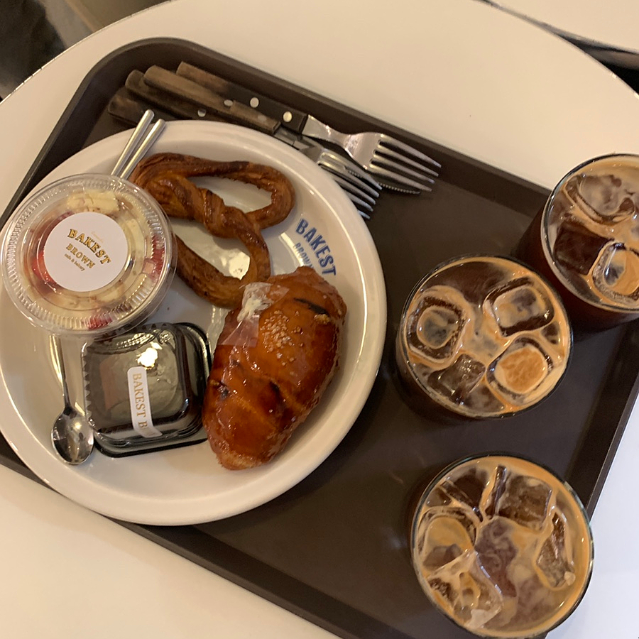 iced coffee bakery set tray gangnam cafe salted bread dessert