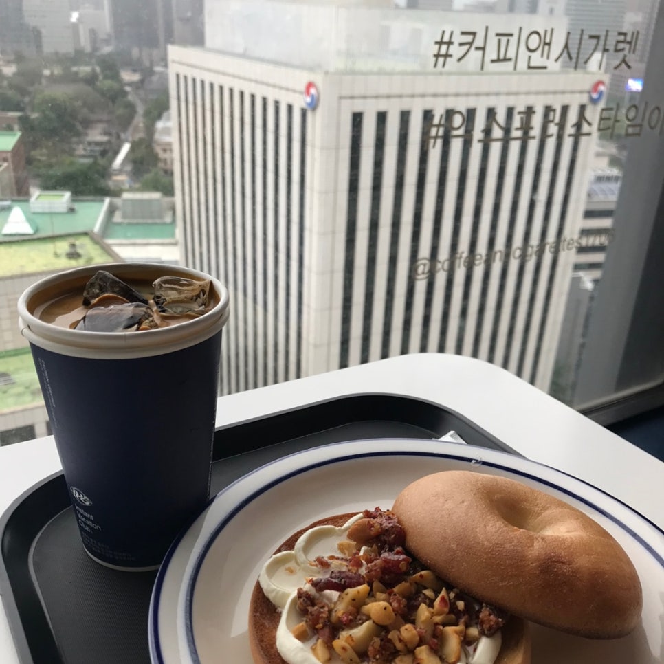 City Hall cafe Seoul chili bagel and iced americano with city view