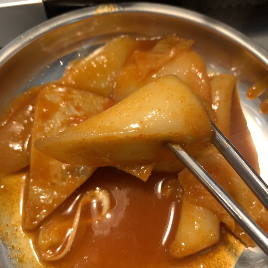 Close-up of chewy tteokbokki at Miltteok Factory Garosugil