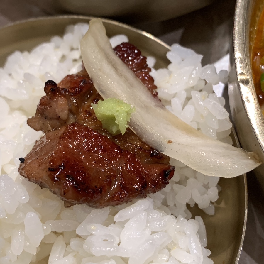 Hantiok Korean BBQ grilled pork ribs with rice garlic and wasabi Seoul
