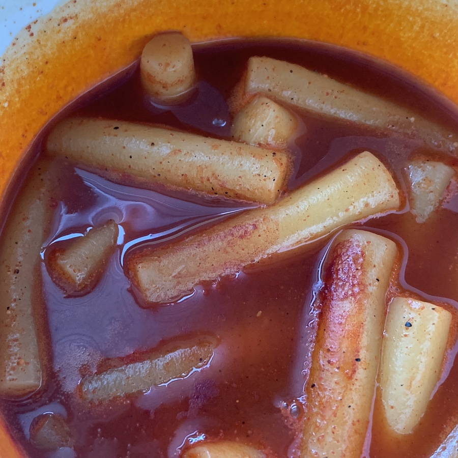 Close-up of CU Daegu Spicy Pepper Tteokbokki rice cakes