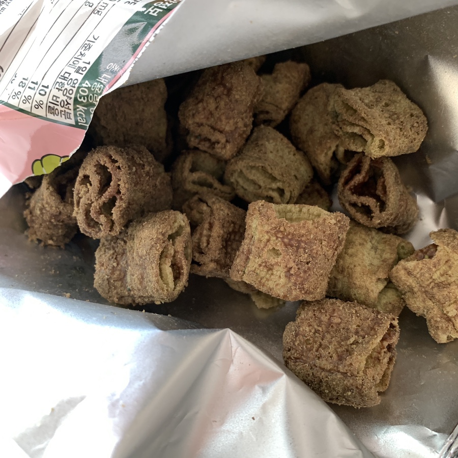 Inside the bag of Turtle Chips Matcha Choco