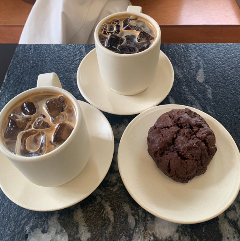 Double chocolate levain cookie with iced coffee at eegnang Samsan Cafe