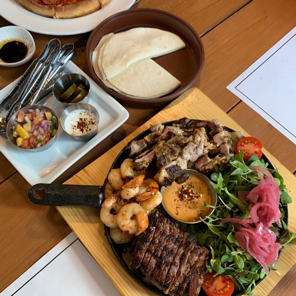 Olivia Deli Hwaseong grilled parizada platter with shrimp chicken beef and tortillas