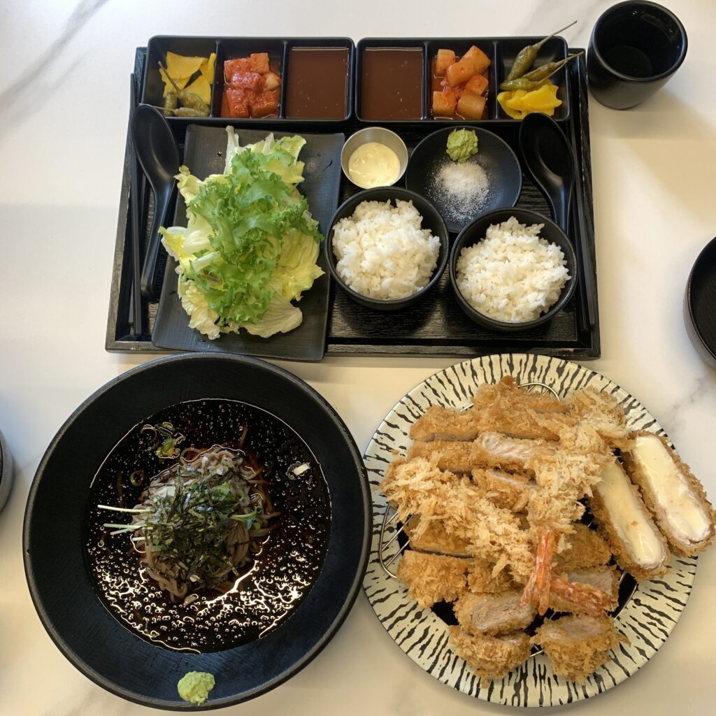 Midon katsu set for two with cold soba rice and side dishes